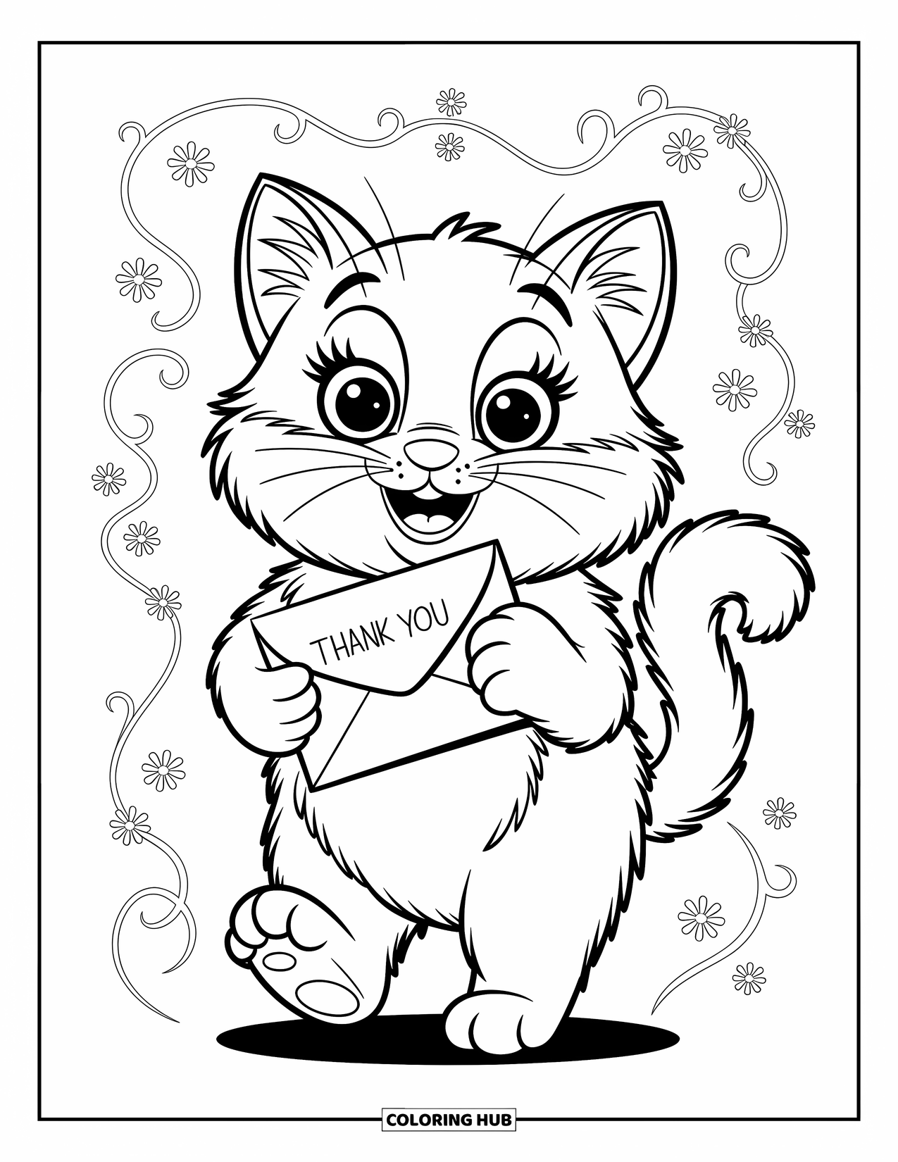 Thank You Coloring Page for Kids: A happy cat carries a "Thank You" envelope with flowers and swirls all around