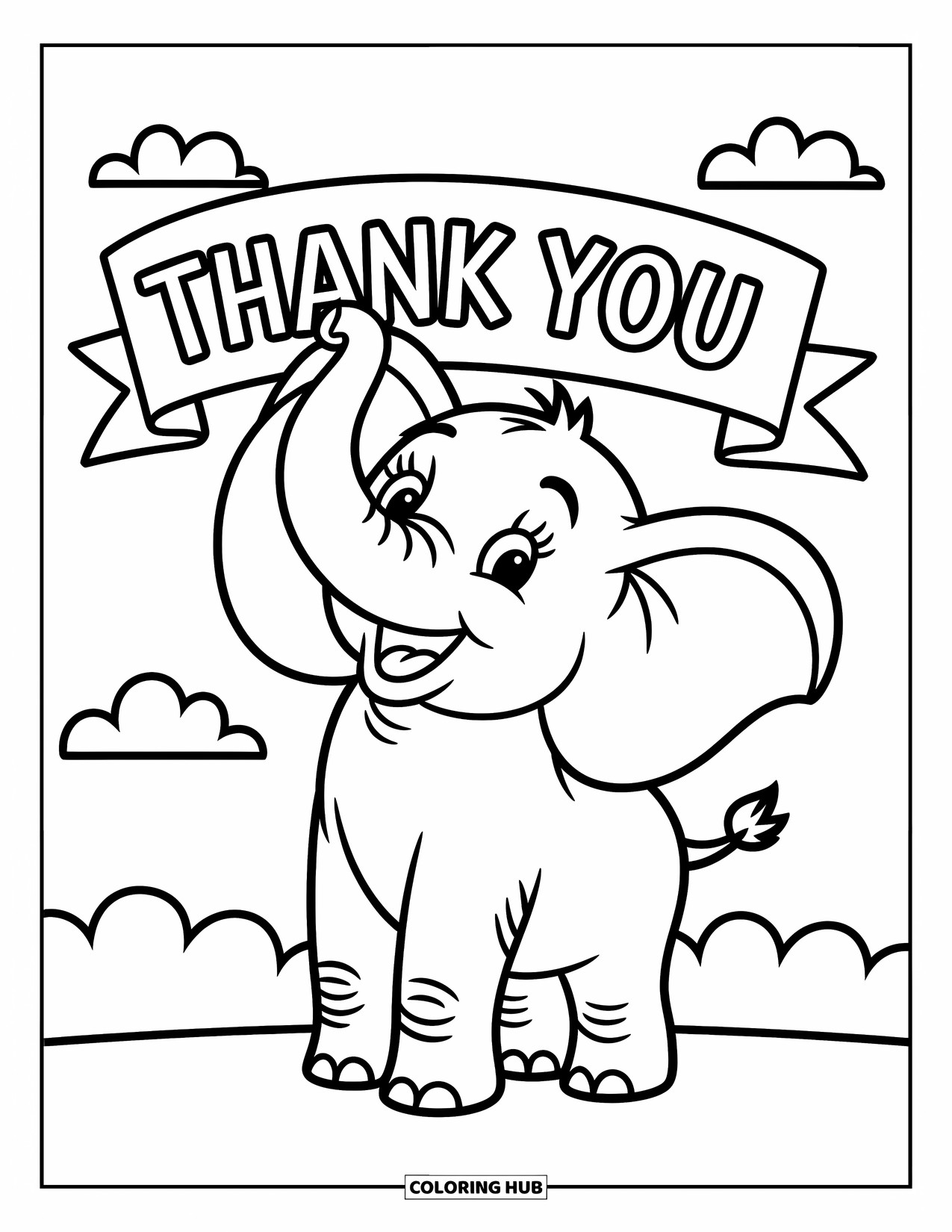 Thank You Coloring Page for Kids: A happy elephant lifts a "Thank You" banner with its trunk under a sky of clouds and sun