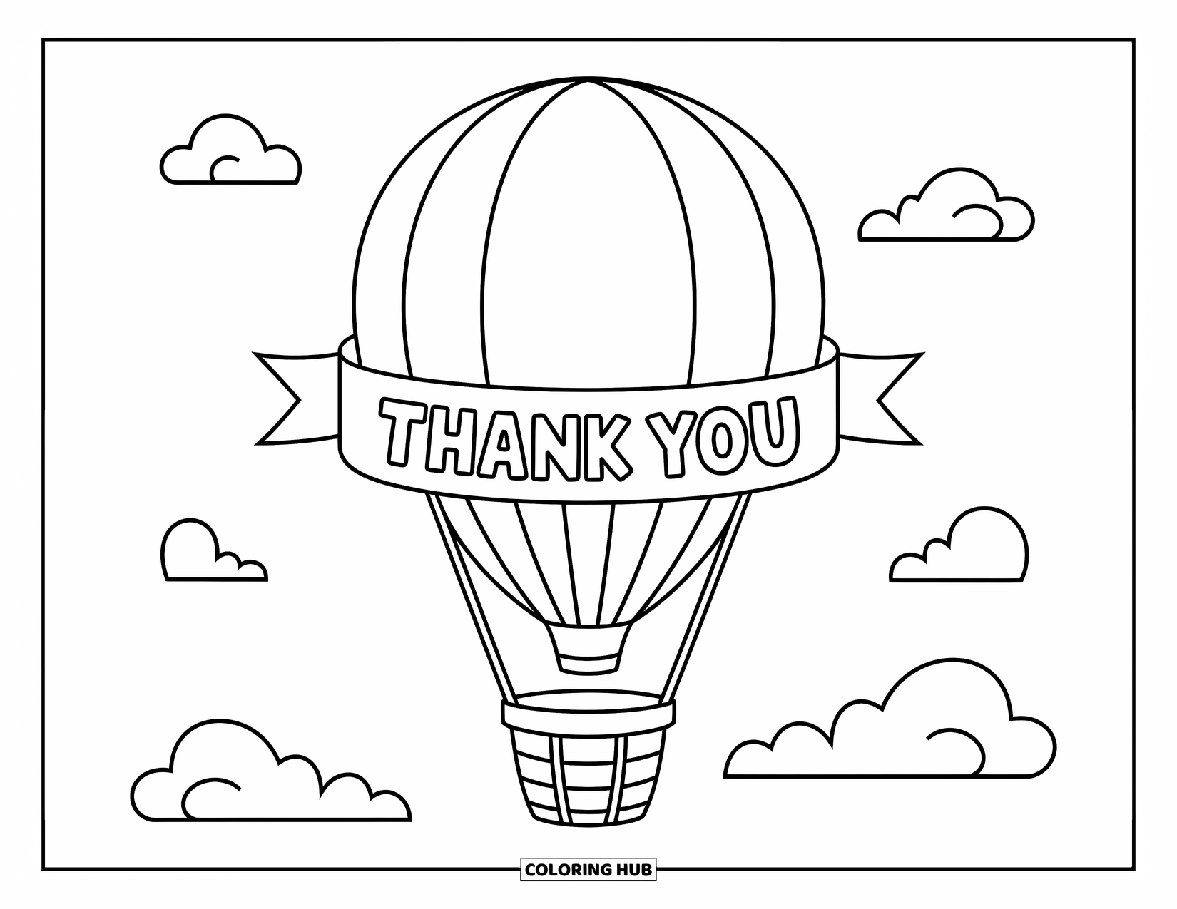 Thank You Coloring Page for Kids: A hot air balloon lifts a "Thank You" banner through the sky with clouds drifting nearby