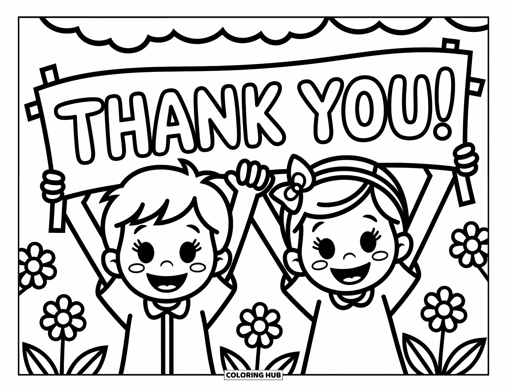 Thank You Coloring Page for Kids: A joyful boy and girl hold up a banner that says "Thank You!" with clouds and blooms