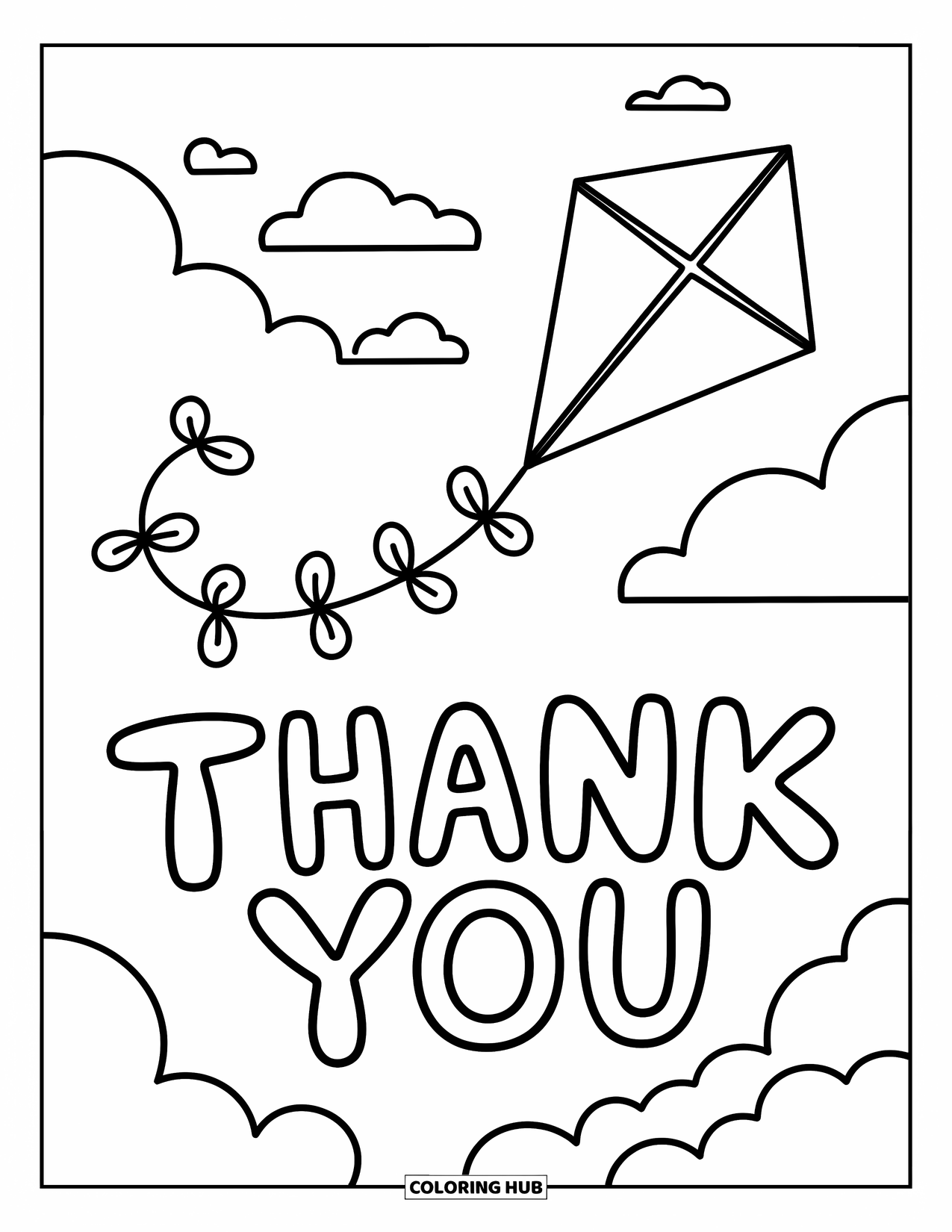 Thank You Coloring Page for Kids: A kite flies high as its tail loops into the words "Thank You" above the clouds
