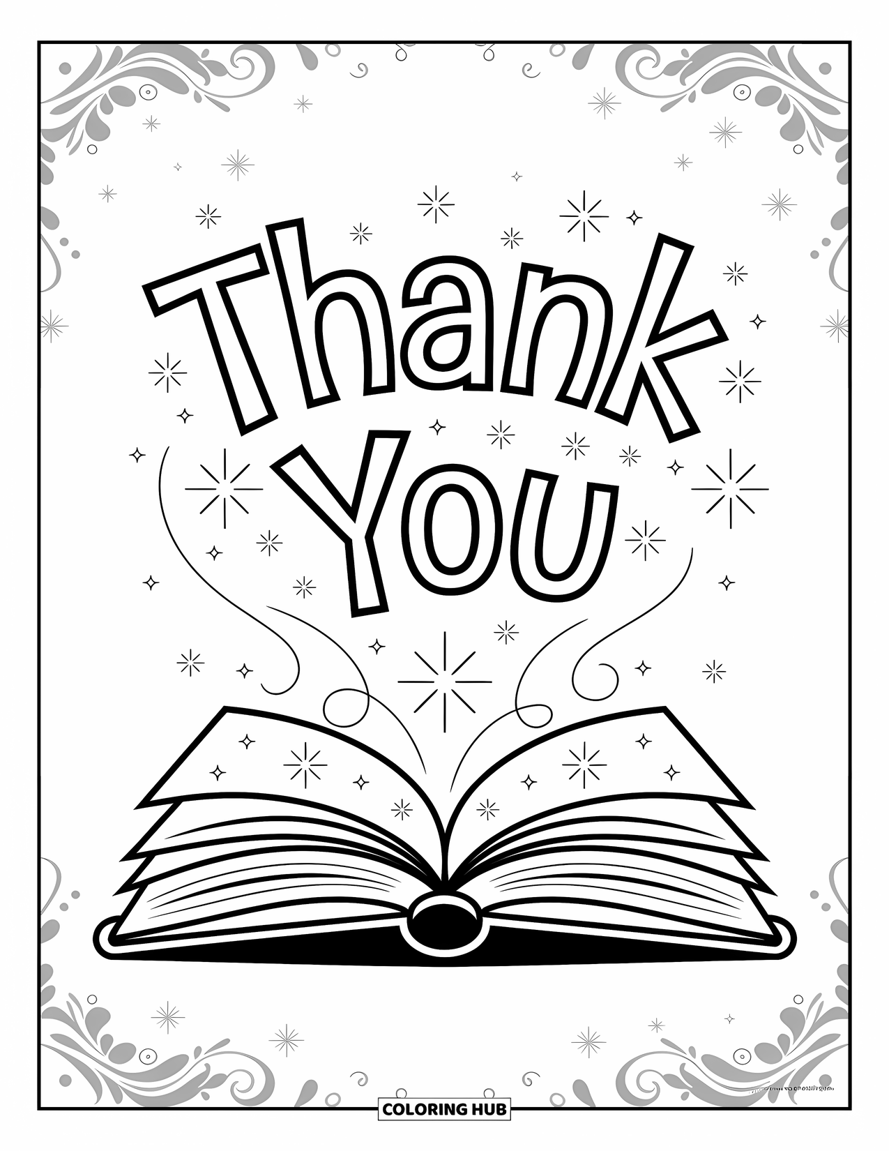 Thank You Coloring Page for Kids: A magical book opens as "Thank You" floats up with stars and swirling sparkles around it