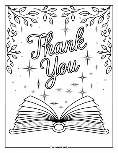 Thank You Coloring Page for Kids: A magical book opens as "Thank You" rises from sparkling pages with stars and leaves around