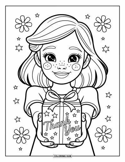 Thank You Coloring Page for Kids: A smiling girl offers a gift with "Thank You" written on it, surrounded by flowers and stars