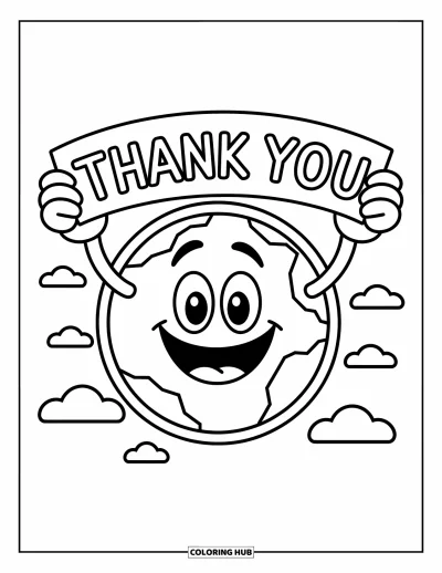 Thank You Coloring Page for Kids: A smiling planet holds a "Thank You" banner with trees and clouds on its surface