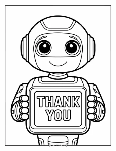 Thank You Coloring Page for Kids: A smiling robot shows a "Thank You" message on its screen with simple shapes and charm
