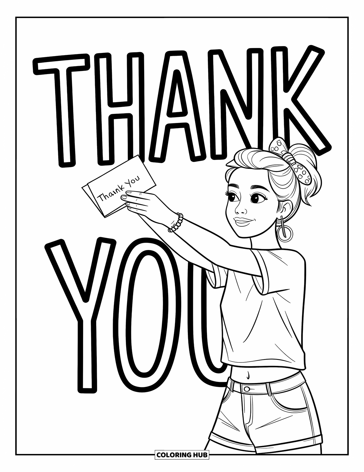 Thank You Coloring Page for Kids: A smiling teen offers a thank-you note with "Thank You" written big in the background