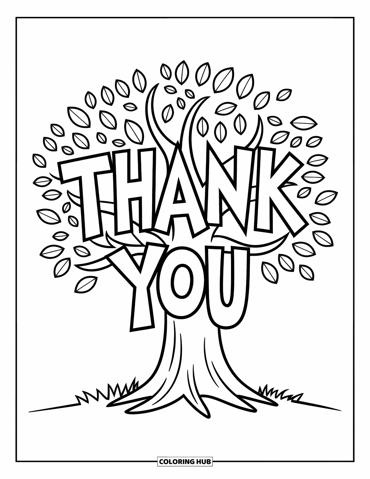 Thank You Coloring Page for Kids: A sturdy tree shows "Thank You" on its trunk with cheerful birds and playful leaves above