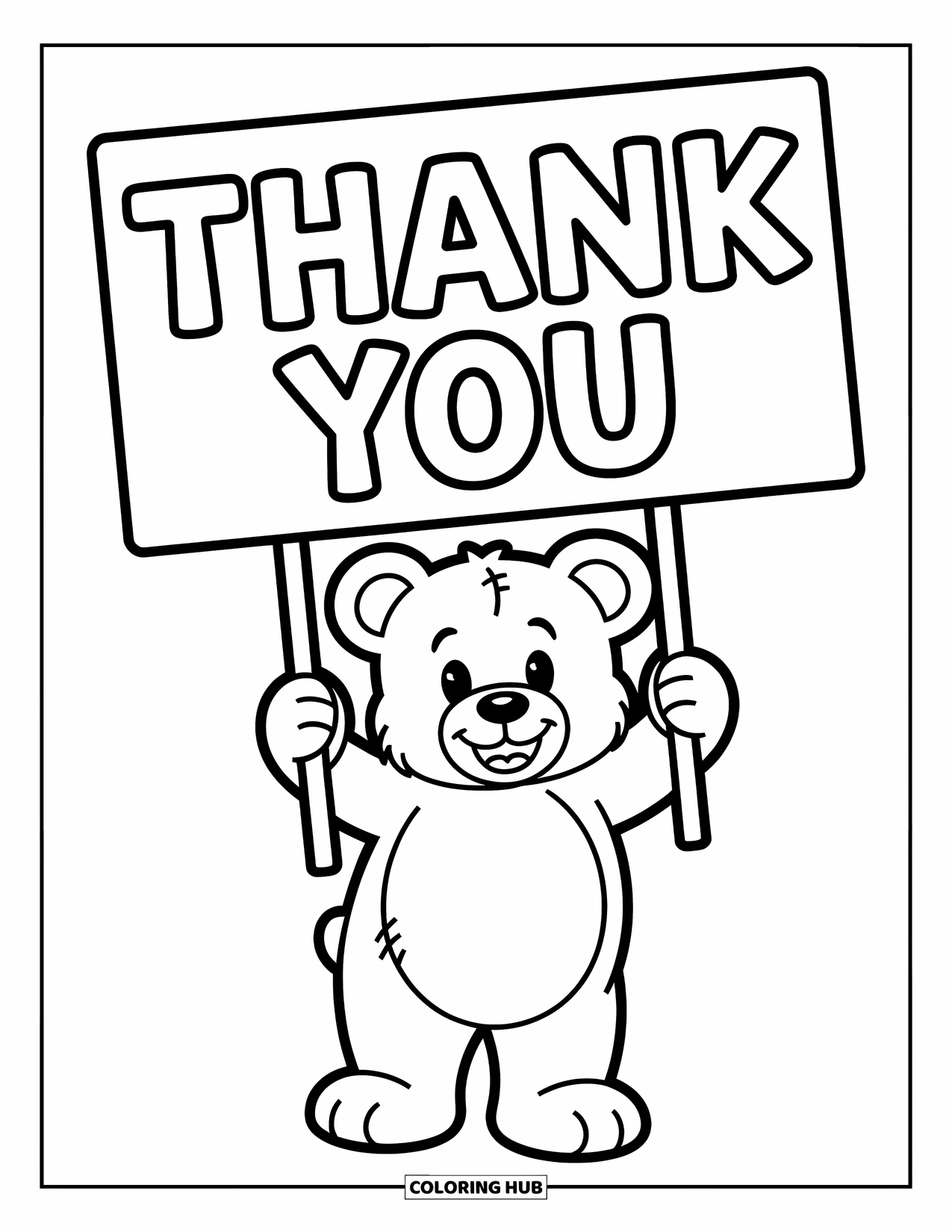 Thank You Coloring Page for Kids: A teddy bear holds a big "Thank You" sign with a warm and friendly smile