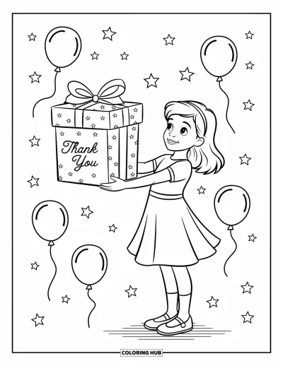 Thank You Coloring Page for Kids: A young girl presents a thank-you gift with balloons and stars floating in the air