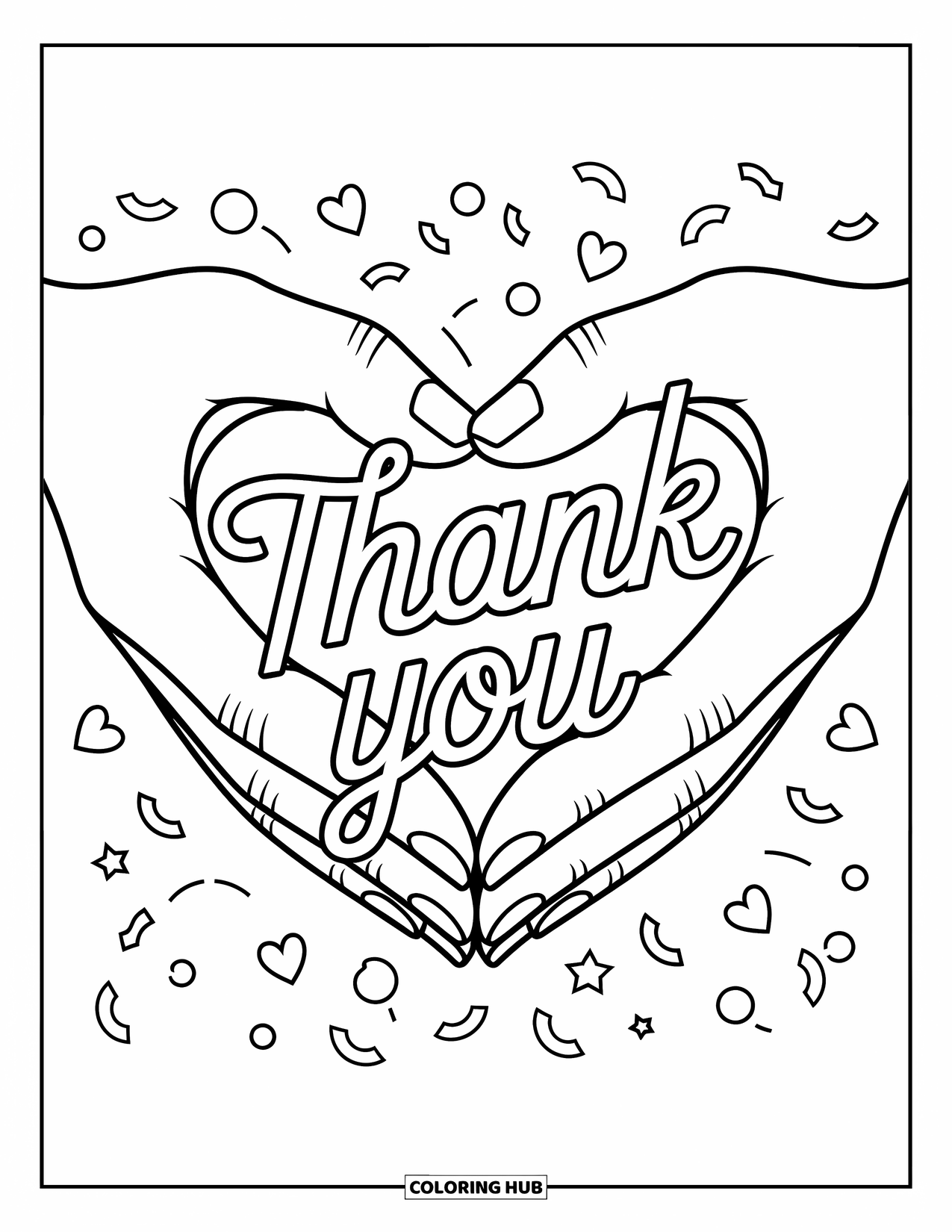 Thank You Coloring Page for Kids: Delicate hands form a heart above "Thank You" with confetti and modern icons nearby