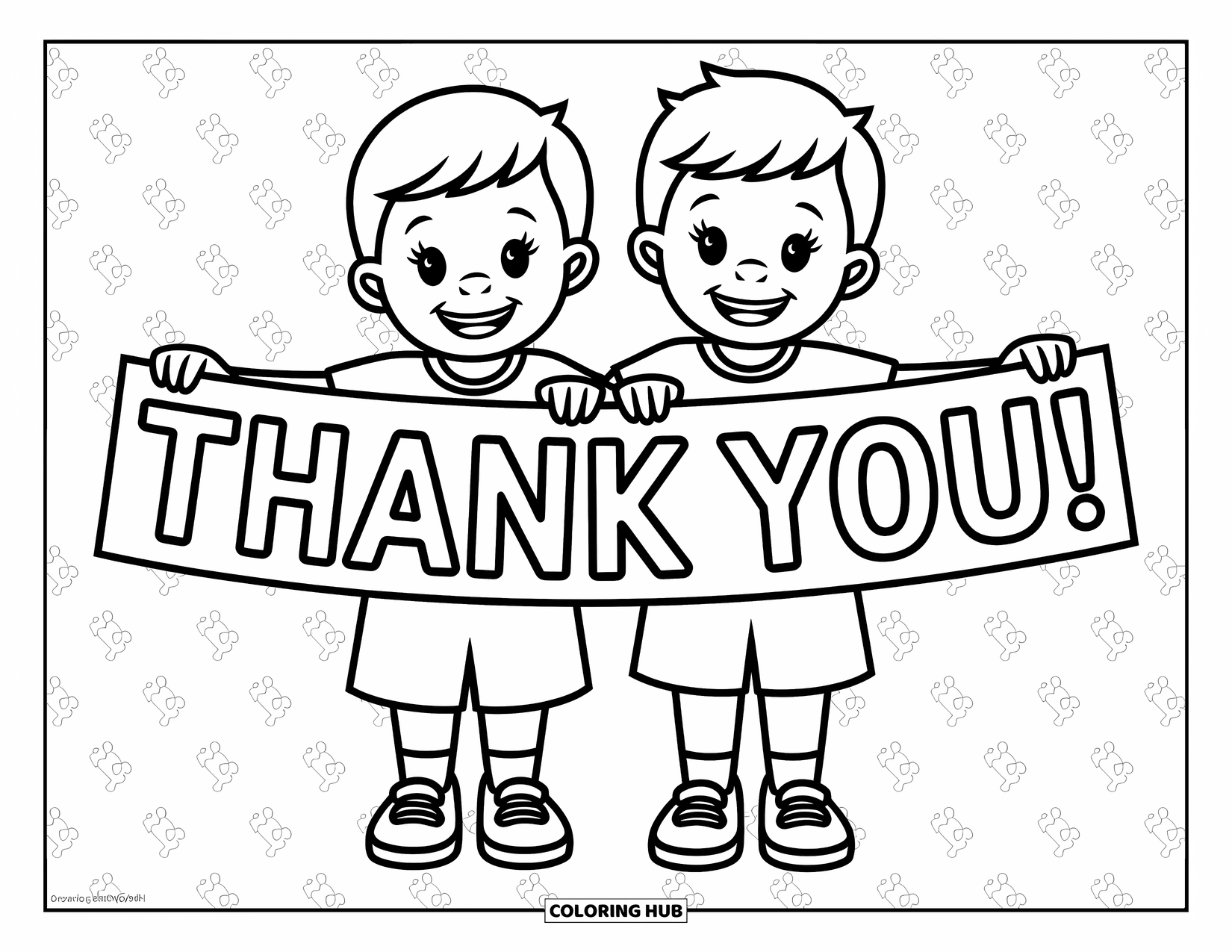 Thank You Coloring Page for Kids: Happy children hold a "Thank You!" banner with fun patterns dancing behind them