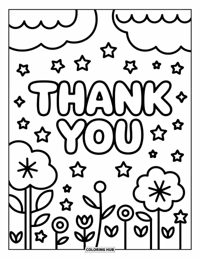 Thank You Coloring Page for Kids: "Thank You" pops in bubbly letters with stars and a friendly forest scene around it