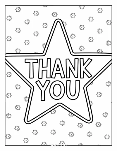 Thank You Coloring Page for Kids: "Thank You" stretches across a star with wide points and fun patterns around the edges