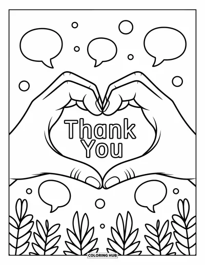 Thank You Coloring Page for Kids: Two hands shape a heart over "Thank You" with playful patterns filling the background