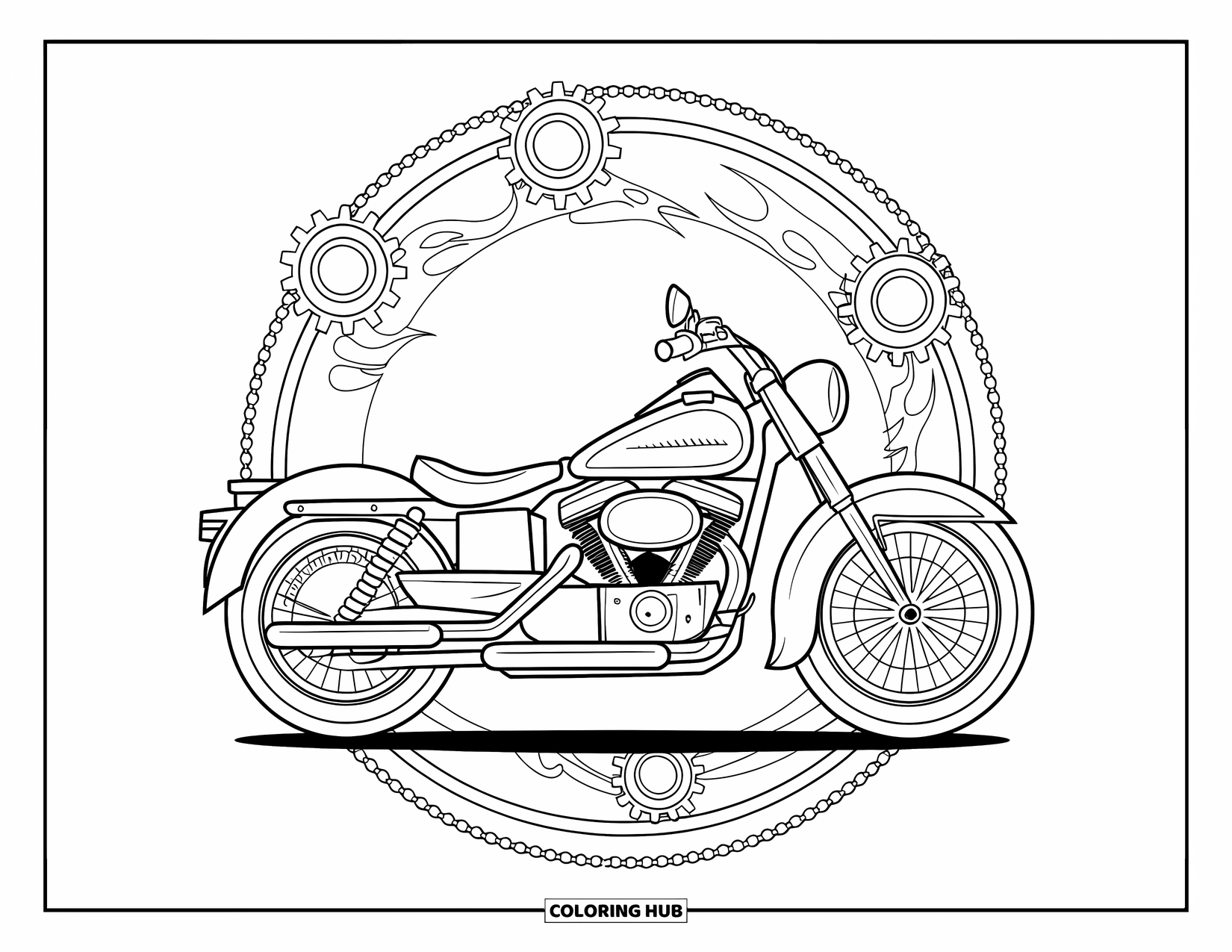 Kolorowanka transportowa dla dorosłych: Motocykl stoi odważnie wewnątrz koła zębatek, łańcuchów i płomieni