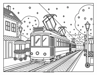 Omalovánka dopravních prostředků pro dospělé: Půvabná tramvaj projíždějící starými obchody s lampami, vozíky s květinami a hvězdami plujícími nahoře