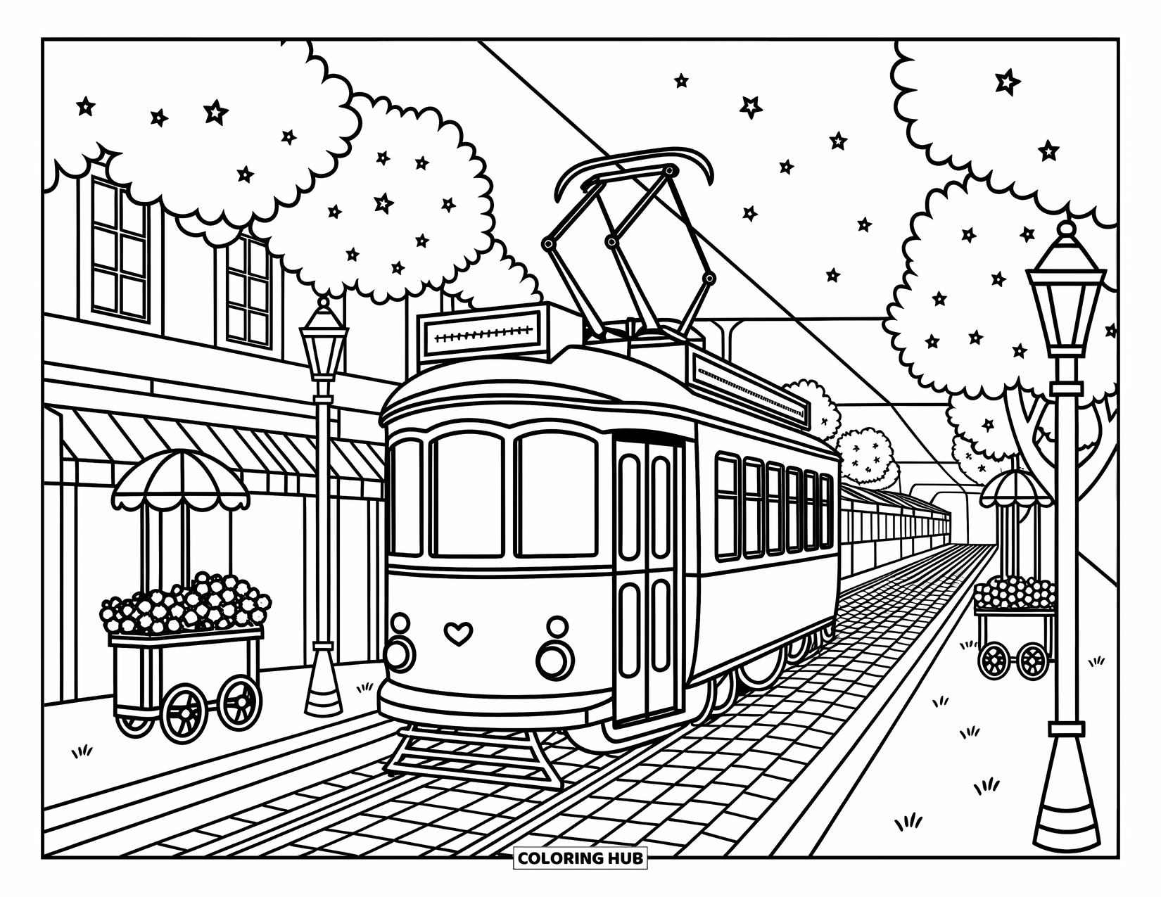 Kolorowanka z transportem dla dorosłych: Uroczy tramwaj porusza się pod gwiaździstymi przewodami obok zaokrąglonych drzew i budynków w stylu vintage