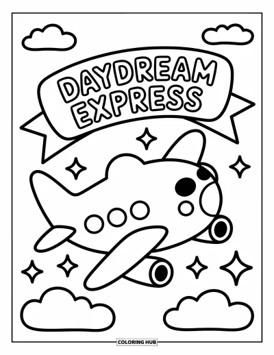 Omalovánka dopravních prostředků pro dospělé: Letadlo Daydream Express letící nad mraky s třpytkami a nadýchanými tvary