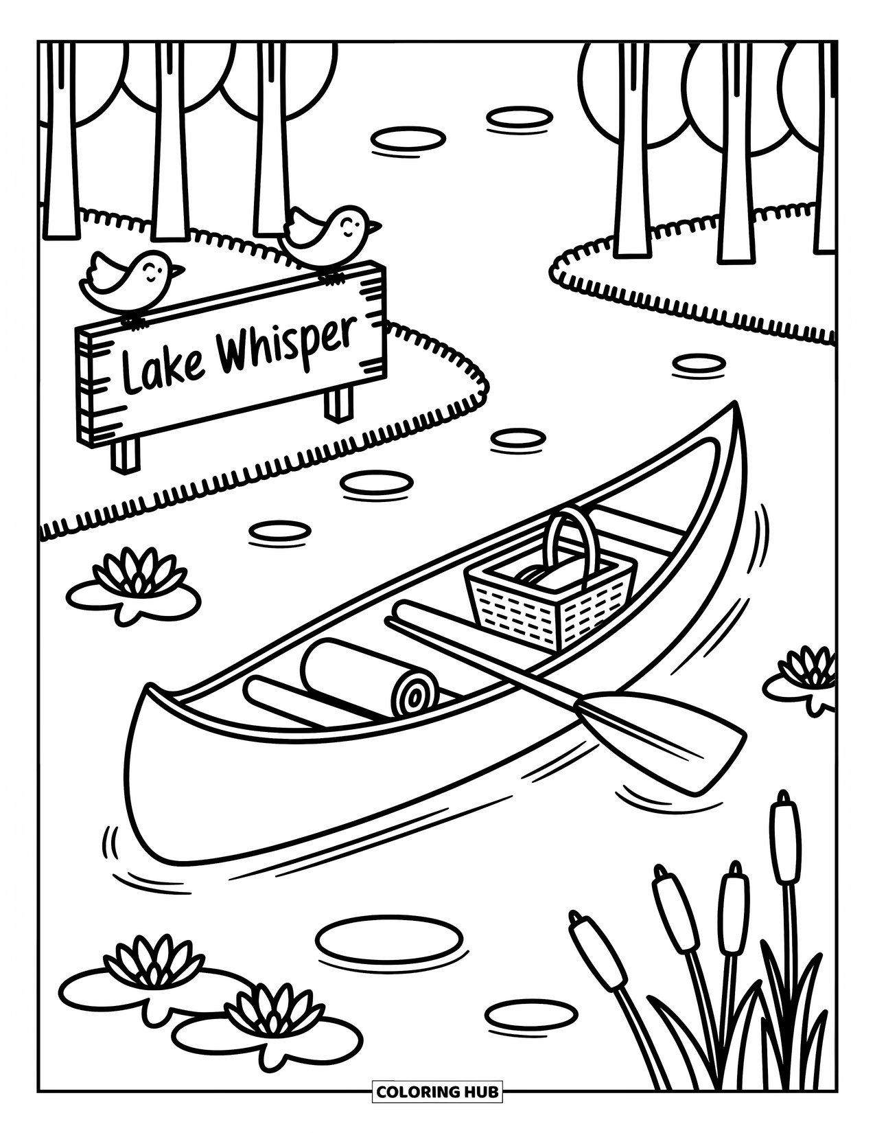 Disegno da colorare di mezzi di trasporto per adulti: Tranquilla scena di lago con canoa, cestino da picnic e uccelli attorno a un cartello con la scritta 'Sussurro del lago'