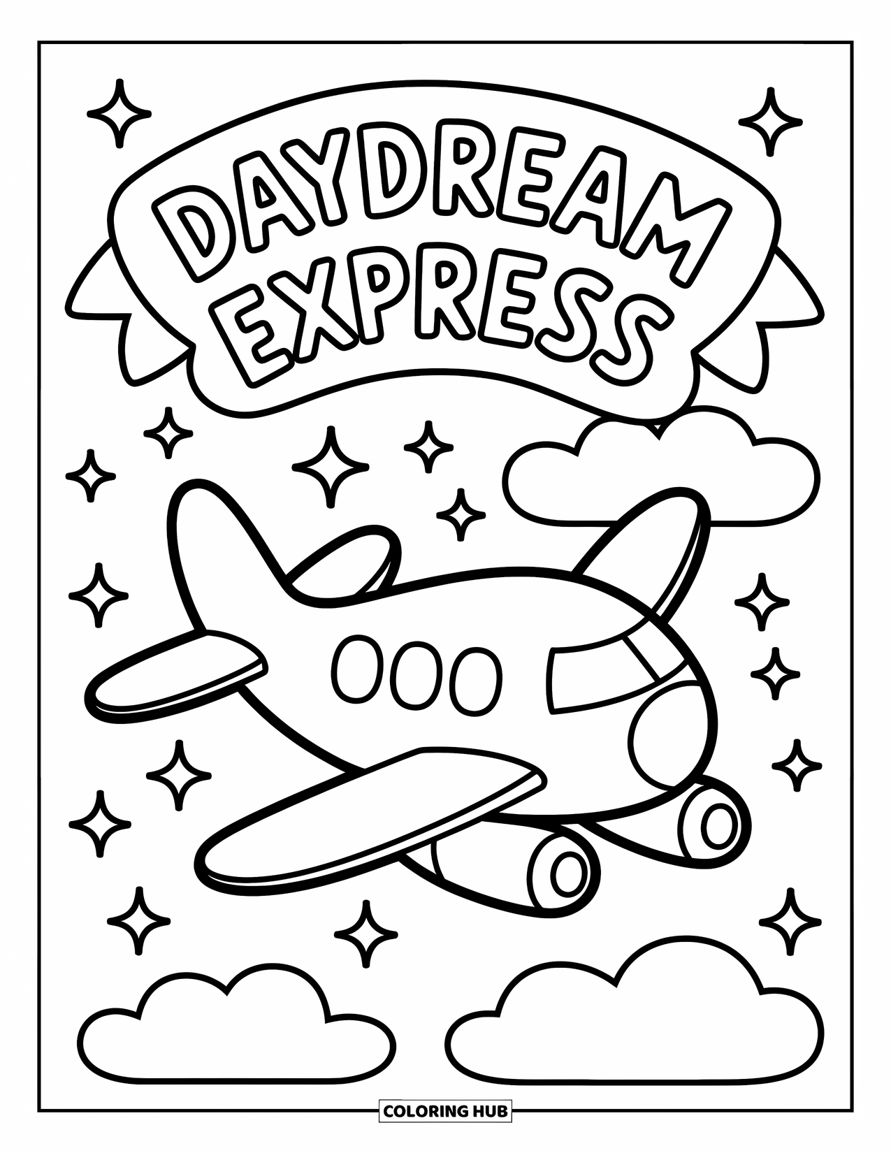 Kolorowanka z transportem dla dorosłych: Zaokrąglony samolot z banerem i migoczącym niebem z napisem „Daydream Express”