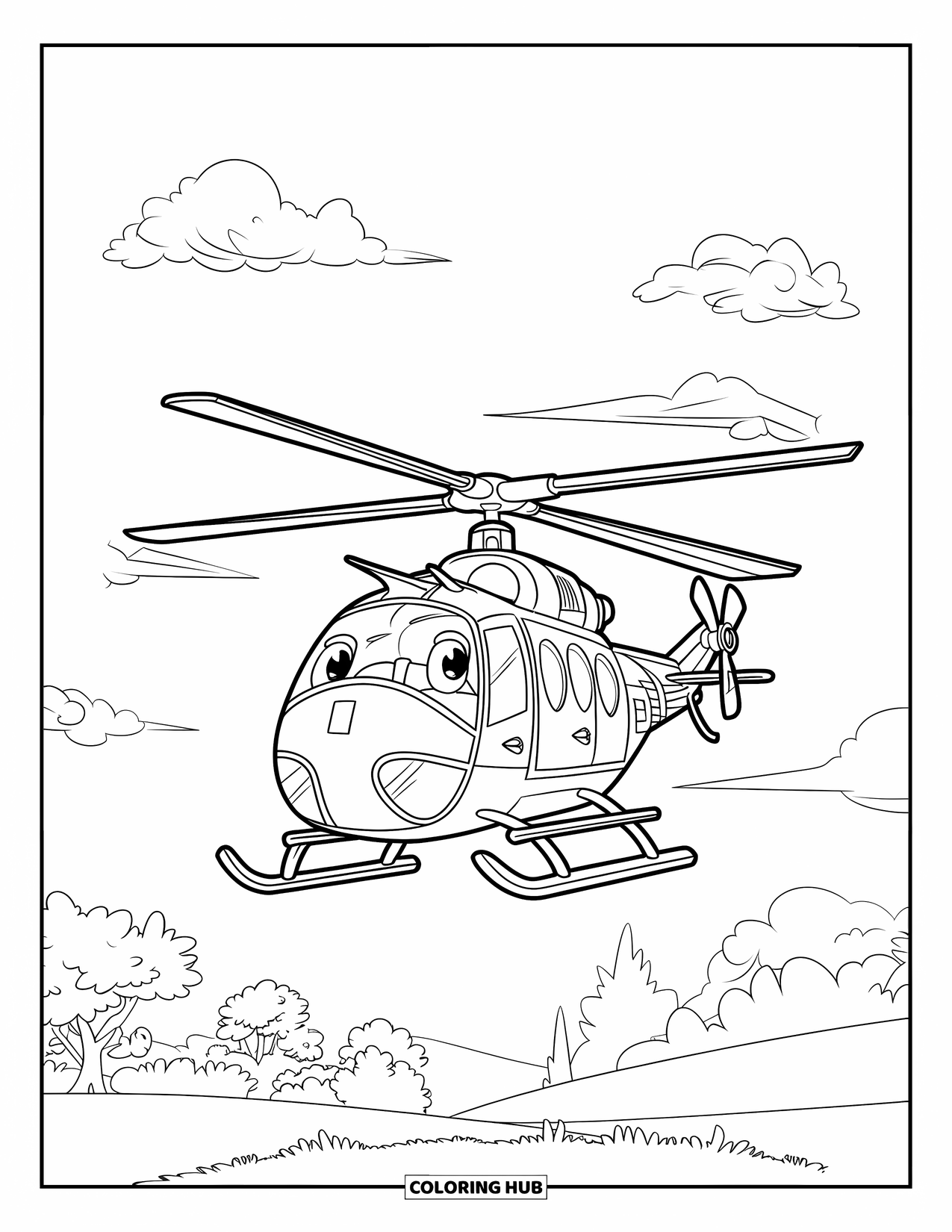 Kolorowanka z transportem dla dzieci: Helikopter lecący nad drzewami z chmurami na jasnym niebie