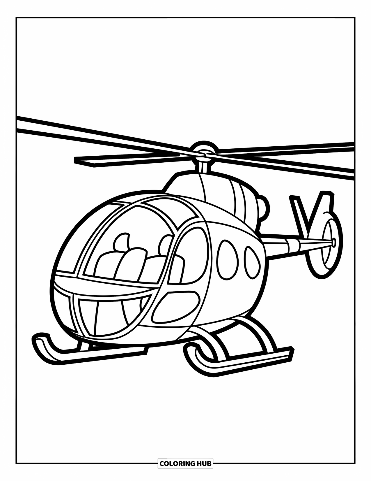 Kolorowanka z transportem dla dzieci: Helikopter unoszący się nad trawiastym polem i pochmurnym niebem
