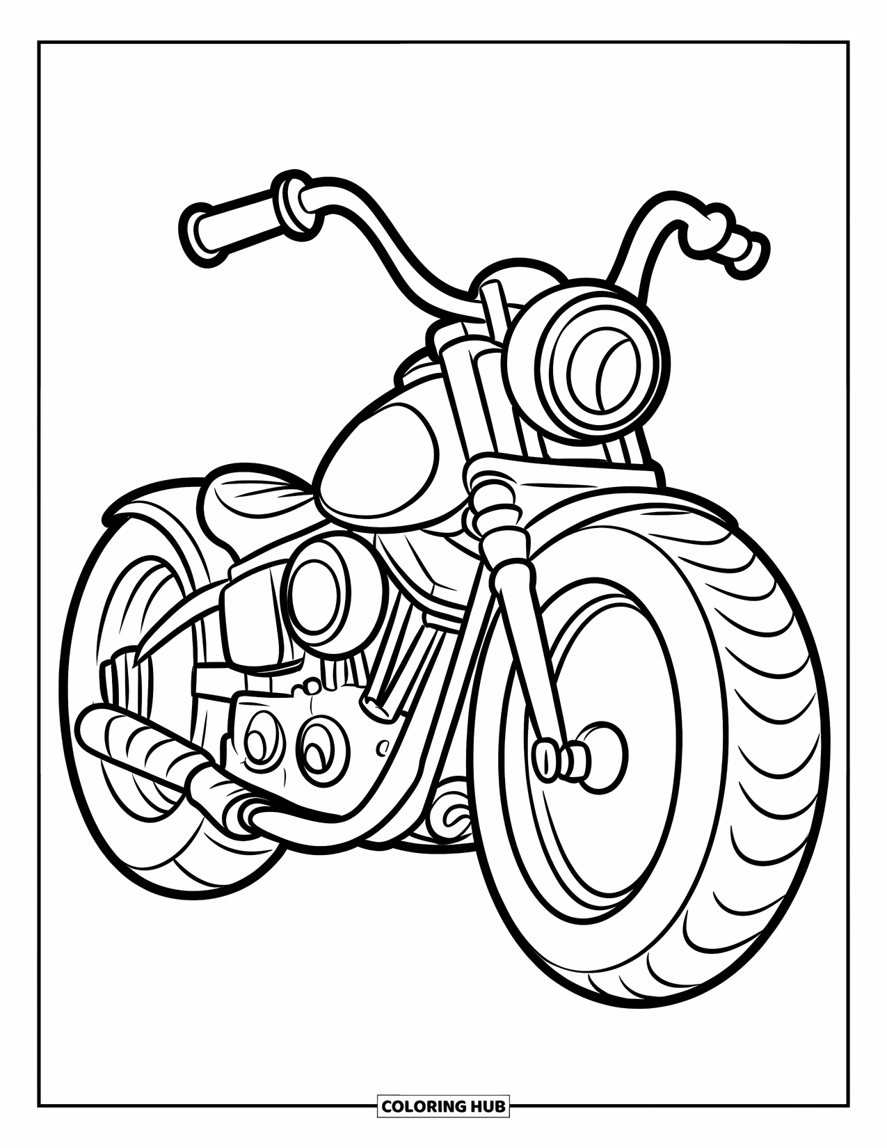 Kolorowanka z transportem dla dzieci: Okrągły motocykl z dużymi oponami i zabawnymi zakrzywieniami