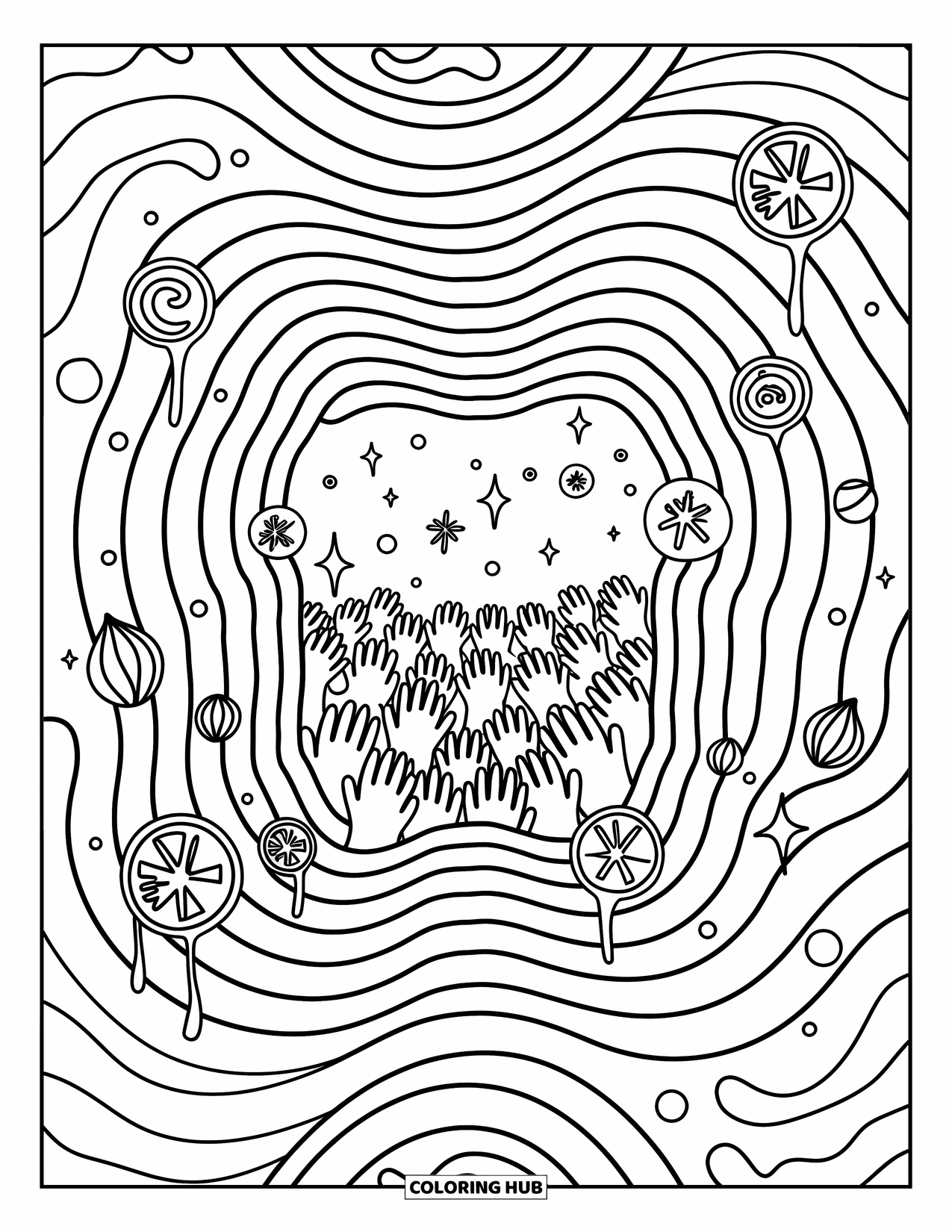 Trippy Coloring Page for Adults: A cosmic portal ripples open, with reaching hands and floating symbols
