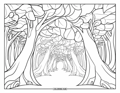 Trippy Coloring Page for Adults: A dreamy forest gate with spiraling leaves and tree arches stretching into infinity