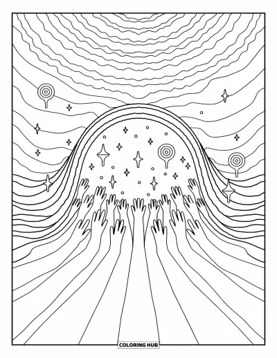 Trippy Coloring Page for Adults: A dreamy portal of hands, stars, and twisting shapes unfolds in space
