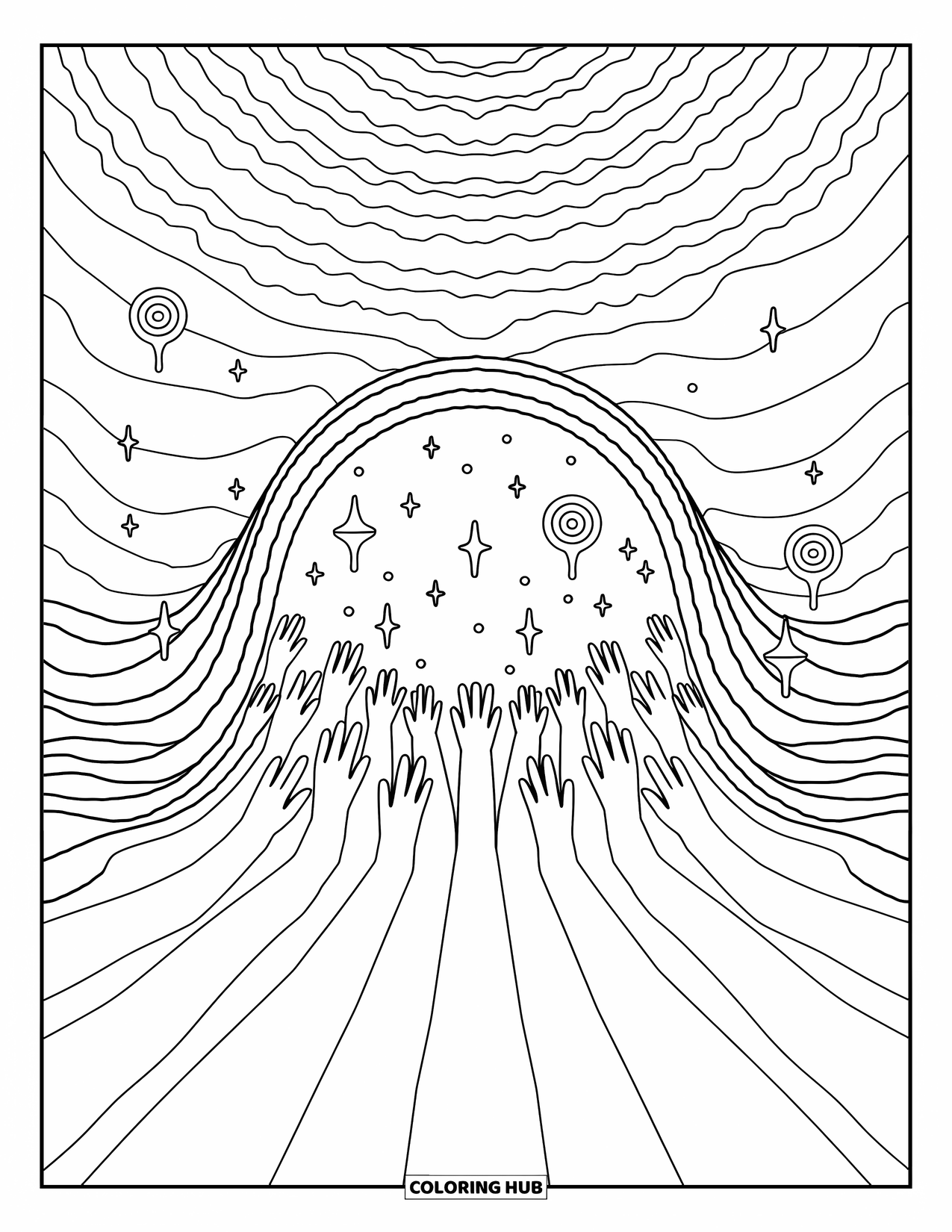 Trippy Coloring Page for Adults: A dreamy portal of hands, stars, and twisting shapes unfolds in space