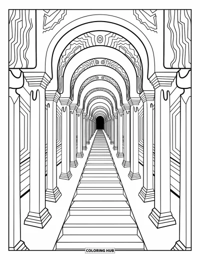 Trippy Coloring Page for Adults: A dreamy temple of crystals, portals, and swirling stairs reaches skyward