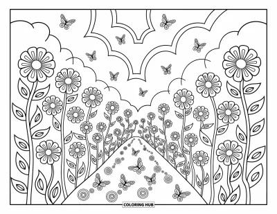 Trippy Coloring Page for Adults: A magical garden with blooming fractals, twisting vines, and looping skies