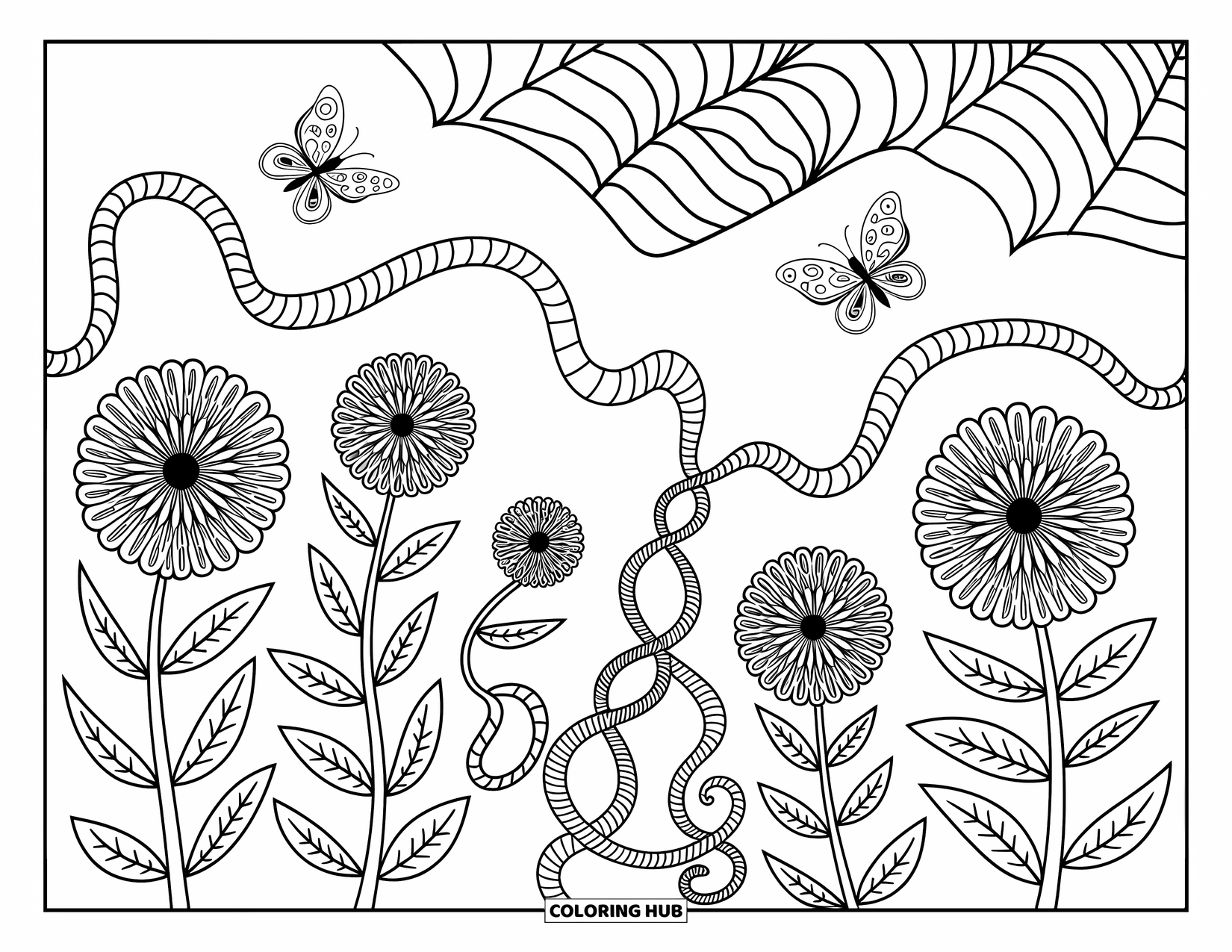 Trippy Coloring Page for Adults: A whimsical garden of fractals, twisting vines, and fluttering butterflies