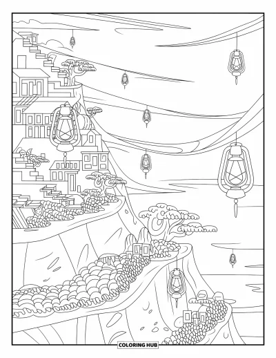 Trippy Coloring Page for Adults: Floating homes and lanterns twist along cliffside layers beneath a peaceful sky