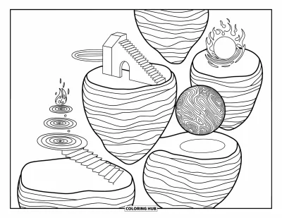 Trippy Coloring Page for Adults: Floating islands with stairwells and glowing runes dissolve into a dreamy, impossible landscape