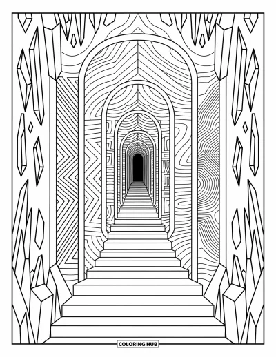 Trippy Coloring Page for Adults: Melting crystal pillars, endless doors, and sacred symbols fill a dreamy temple