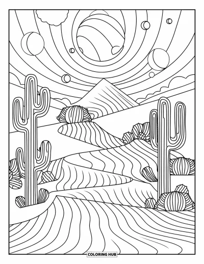 Trippy Coloring Page for Adults: Mirrored cacti and folding dunes stretch beneath a dreamy, moon-filled sky
