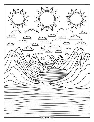 Trippy Coloring Page for Adults: Mountains dissolve, suns orbit, and clouds shift into faces and animals