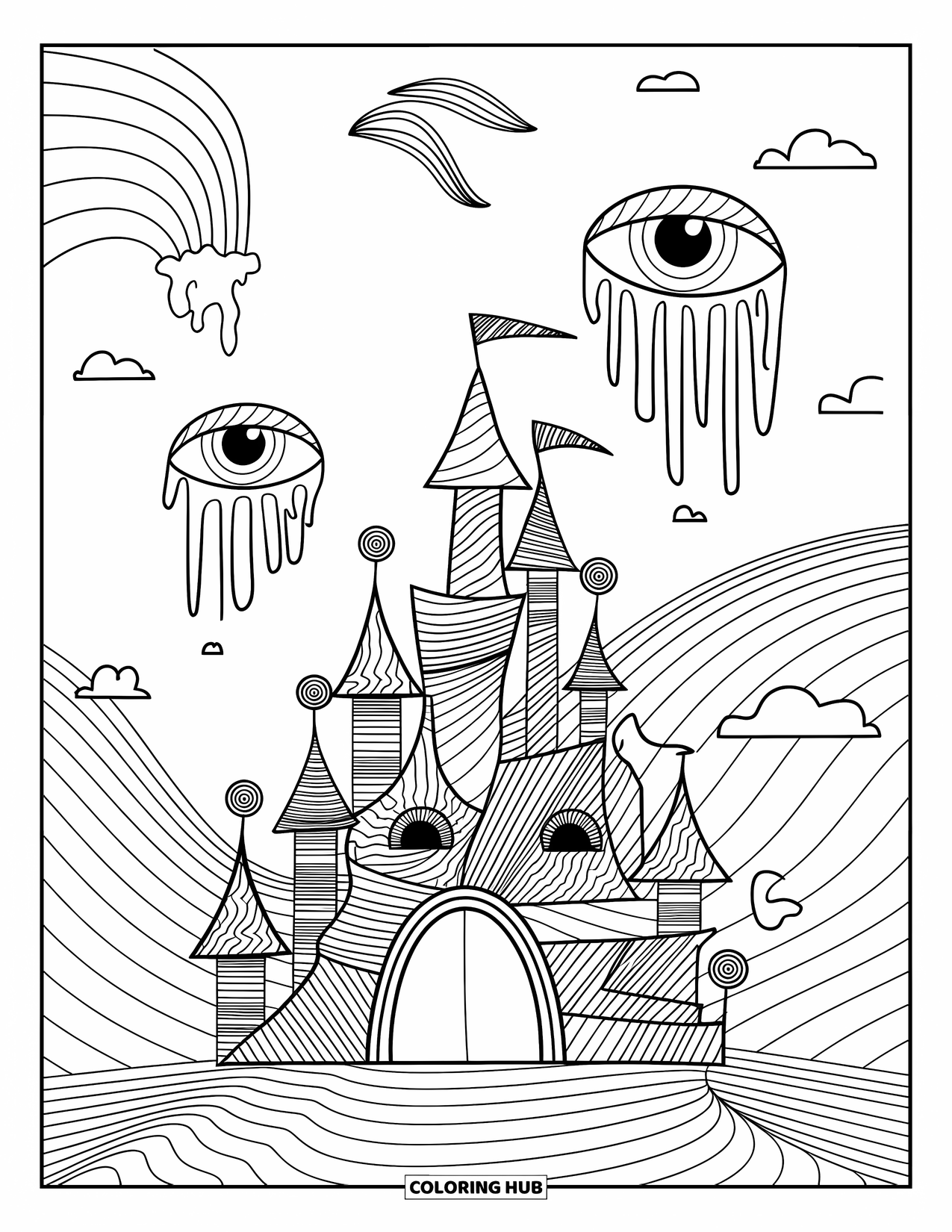 Trippy Coloring Page for Kids: A castle surrounded by eyes and a curved rainbow melts into fantasy