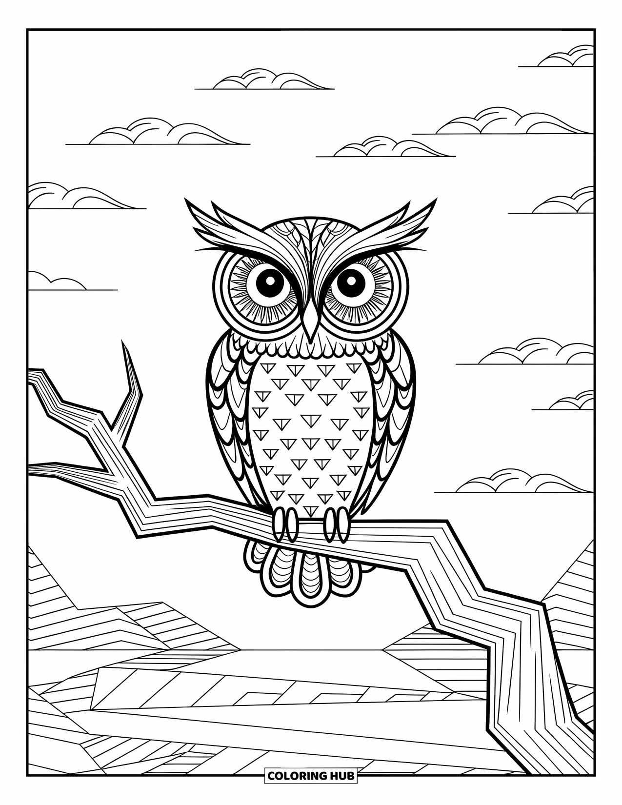 Trippy Coloring Page for Kids: A hypnotic-eyed owl perches on a zigzag branch above a mountain lake