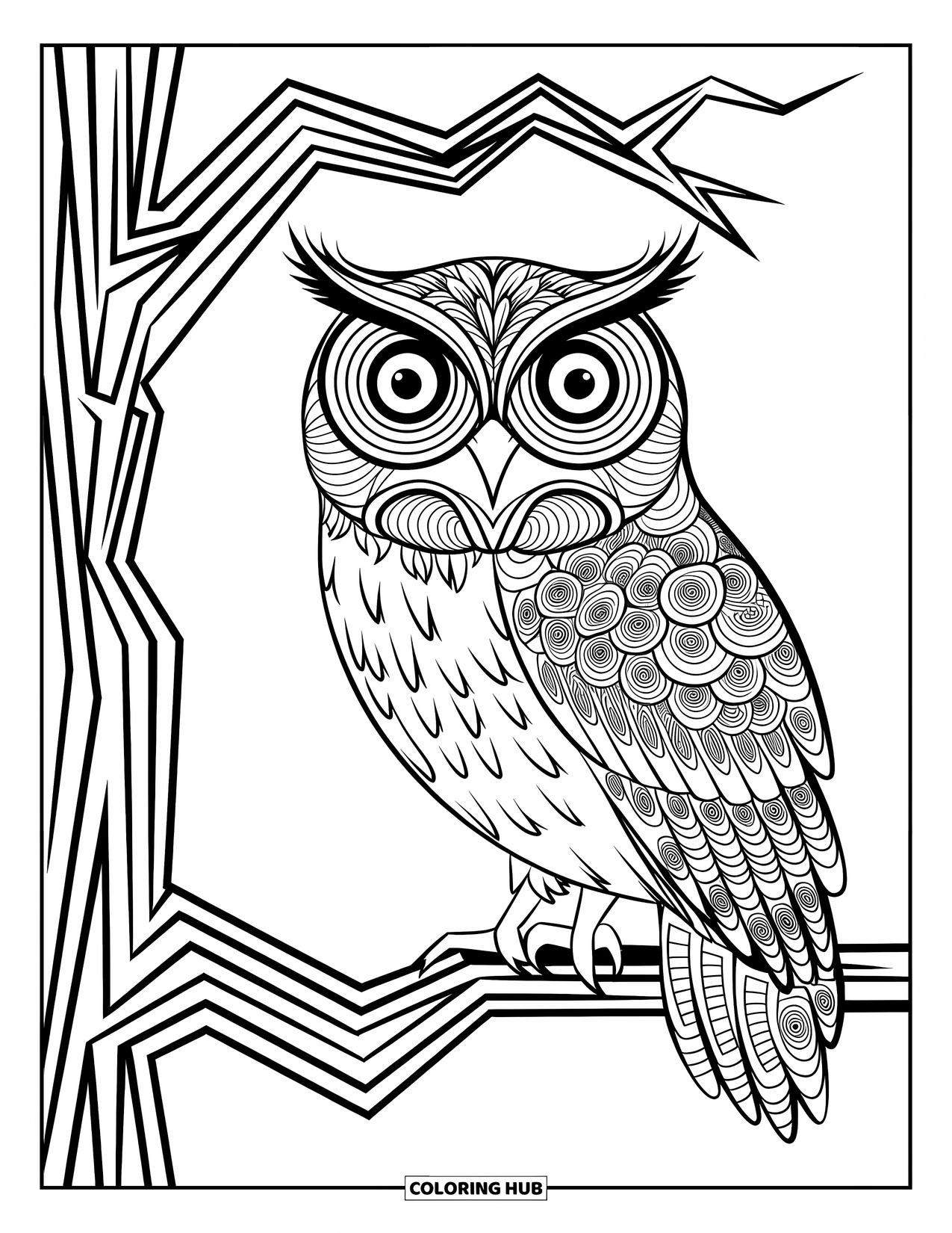 Trippy Coloring Page for Kids: A large owl with spiraling eyes rests on a twisty tree