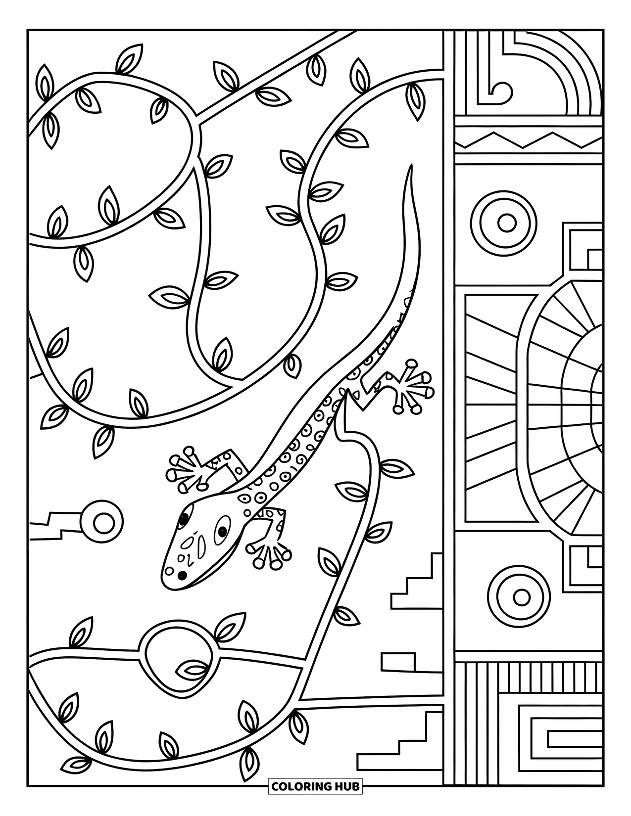 Trippy Coloring Page for Kids: A lizard climbs a patterned wall filled with spirals and shapes