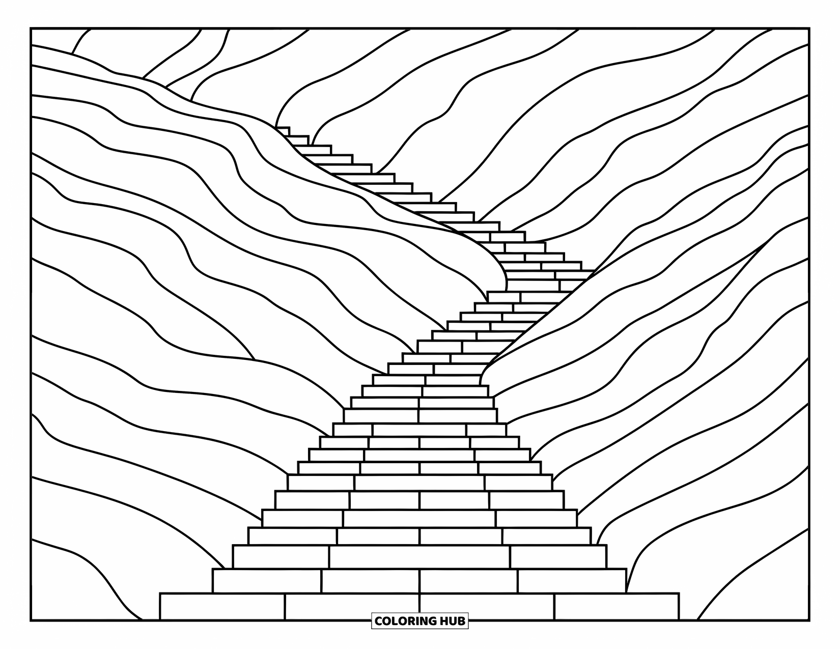 Trippy Coloring Page for Kids: A mountain of square steps rises in wavy ridges with a clear sky