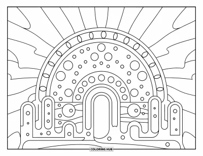Trippy Coloring Page for Kids: A rainbow bridge of waves and dots stretches across the sky