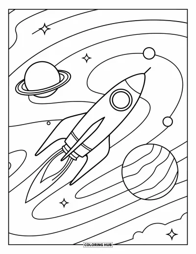 Trippy Coloring Page for Kids: A rocket zooms past spirals and planets in a playful space scene