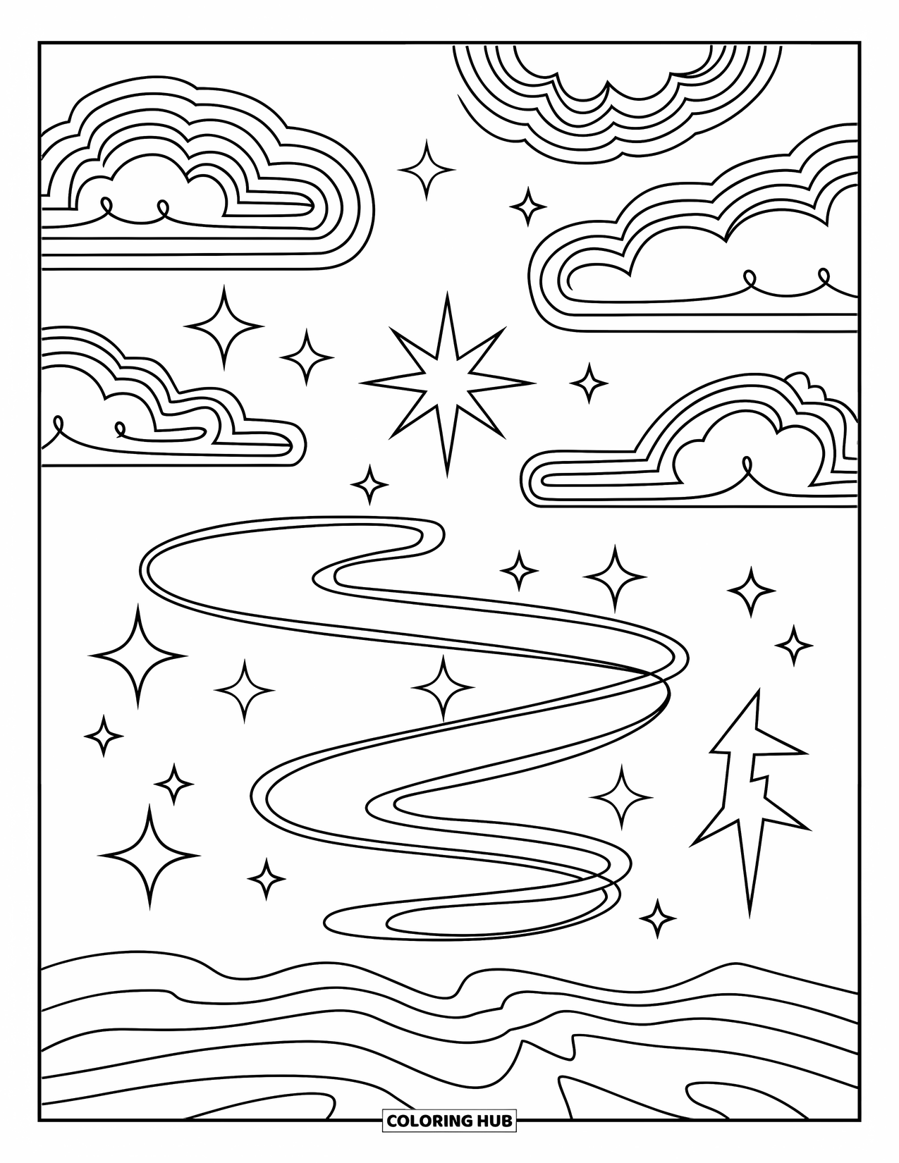Trippy Coloring Page for Kids: A sky full of star spirals and smiley clouds stretches over a wavy road