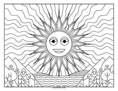 Trippy Coloring Page for Kids: A smiling sun shines with wavy rays over a peaceful scene