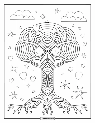 Trippy Coloring Page for Kids: A tree with a face, wearing a hat, floats with stars and hearts